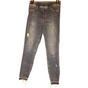 SPANX Womens Blue Denim Jeans Distressed Frayed Hem Pull On Skinny Leg Pants